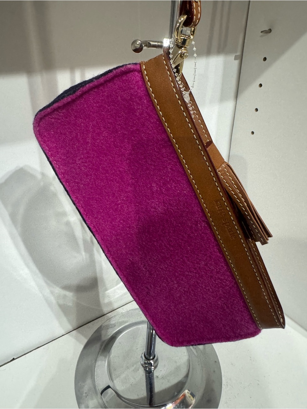 kate spade Fuchsia Felt Wristlet with Brown Leather Trim